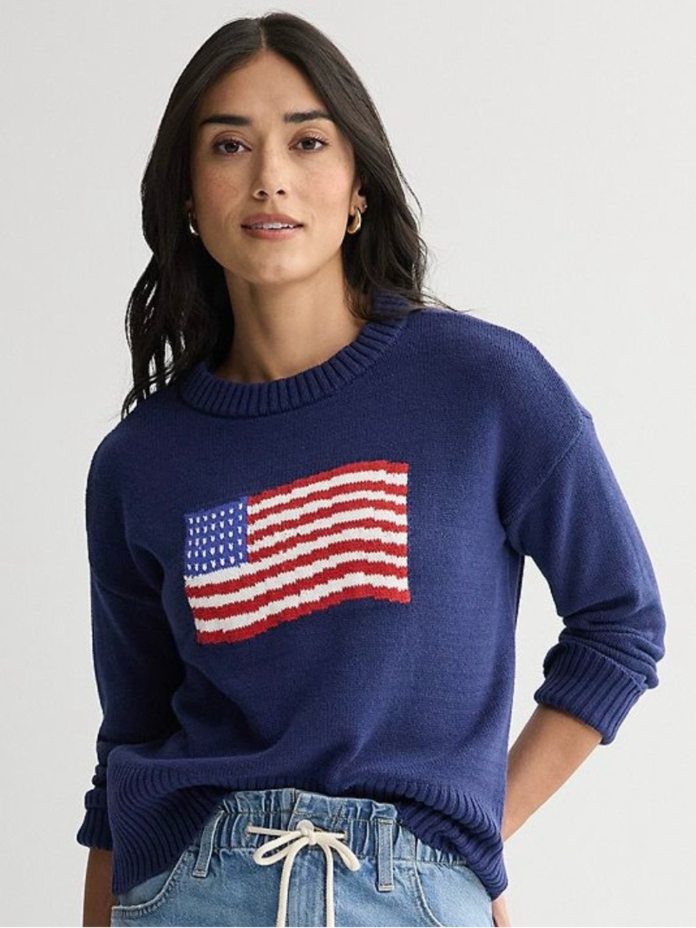 Navy Crewneck Sweater with American Flag Intarsia